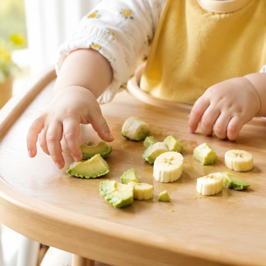 Baby reaching for soft avocado and banana on a high chair tray